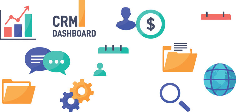 CRM dashboard and business analytics icons with data visualization customer management communication and finance symbols in flat vector style