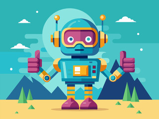 Fototapeta premium Friendly robot giving thumbs up in mountain desert landscape