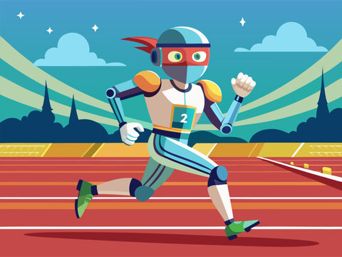 Athletic robot running on track inside outdoor stadium
