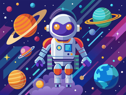 Robot astronaut floating among colorful planets in outer space