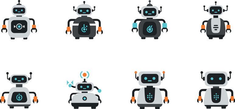 Cute robot character set with friendly artificial intelligence bots flat vector illustration for technology design children apps and chatbot interfaces
