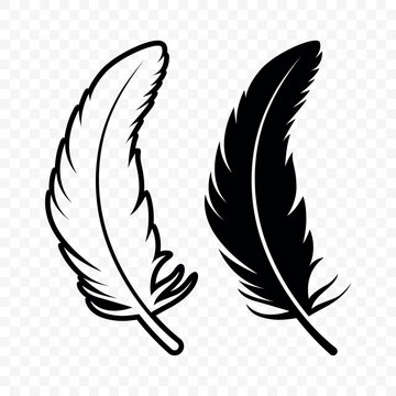 Vector Black and White Silhouette Fluffy Feather Icon. Silhouette Feather Closeup, Isolated. Flamingo, Angel, Bird Feather Design Template. Lightness and Freedom Concept