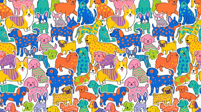 Abstract dog silhouette seamless vector background for surface design. Colorful repeat background for pet-related products, stationery, and fashion prints.