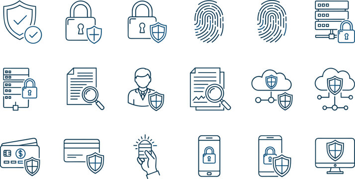 Cyber security and data protection icon set outline editable stroke collection privacy encryption authentication symbols for web UI design