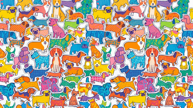 Seamless pattern with colorful dog breeds in modern flat collage style. Vector seamless background featuring various stylized dog characters.