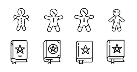 Halloween voodoo doll magic book web line icons set spooky stitched doll occult witchcraft book mystical spellbook pentagram & more vector illustration with editable stroke © Purnima