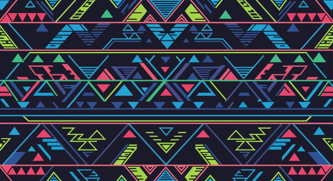 aztec patterns geometric shapes and neon colors create a vibrant abstract background design with a seamless tribal feel
