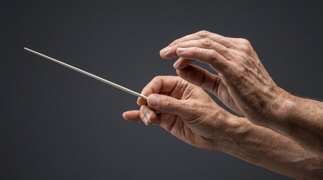 Close-up of elderly hands holding a thin wooden stick, concept of wisdom, precision or control