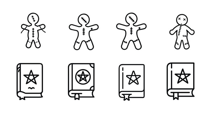Halloween voodoo doll magic book web line icons set spooky stitched doll occult witchcraft book mystical spellbook pentagram & more vector illustration with editable stroke