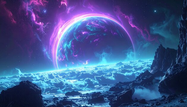 Neon Alien Planet Over Icy Rocky Expanse.