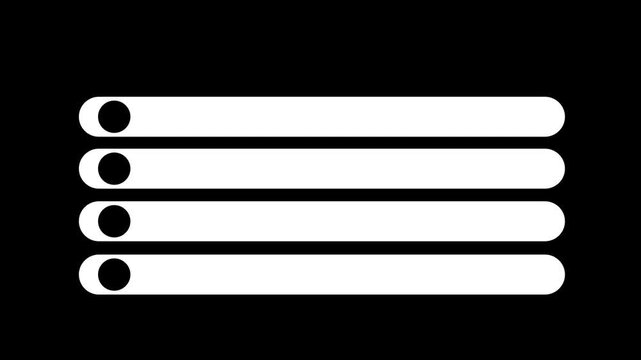 Four white horizontal bars expanding with black bullet points appearing on a black background