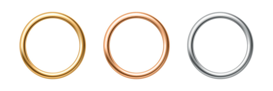 Vector 3d Metal Ring Set. Gold Copper and Silver Ring Frames Isolated. Metallic Circle Borders. Round Frame Elements