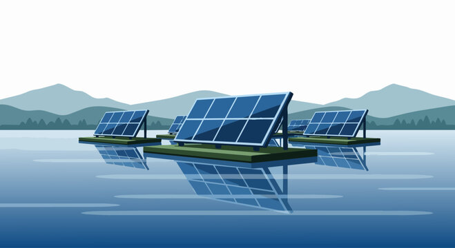 Floating Solar Farm Illustration with Photovoltaic Panels on Water Reservoir, Renewable Energy and Green Power Technology Concept