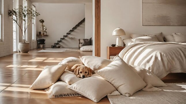 A wide angle perspective of a spacious airy loft bedroom, featuring a cute puppy resting on soft white pillows in a sunlit modern interior design layout suitable for lifestyle advertisements.