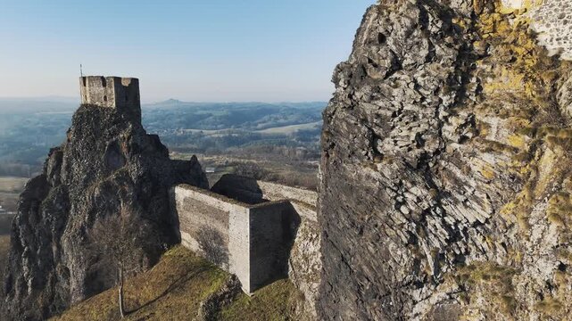 Aerial View of Trosky Castle Medieval Ruins on Basalt Rock Towers in Bohemian Paradise Czech Republic