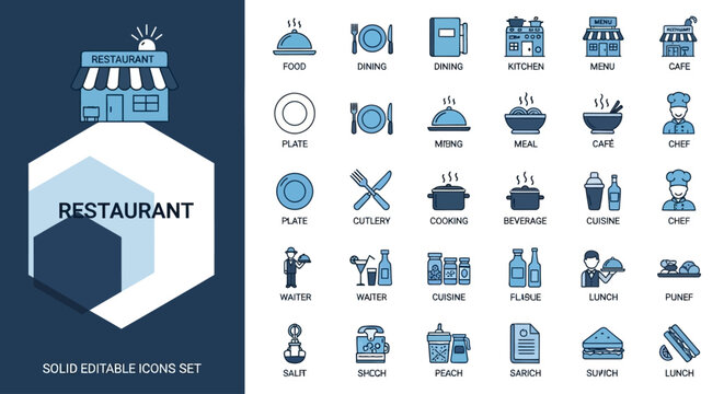 Vibrant collection of solid duotone restaurant icons featuring food, dining, kitchen tools, beverages, and service staff, ideal for culinary projects, menu design, and food service applications