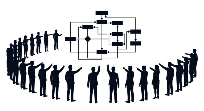 Business Team Silhouettes Pointing At Process Flowchart, A vector illustration depicting a sweeping semi-circle of standing business and engineering professionals as black silhouettes,