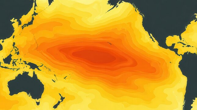 Macro view of Pacific Ocean surface temperature fluctuations and thermal anomalies depicted through gigapixel mapping, representing climate change and oceanic warming patterns in a wide landscape view