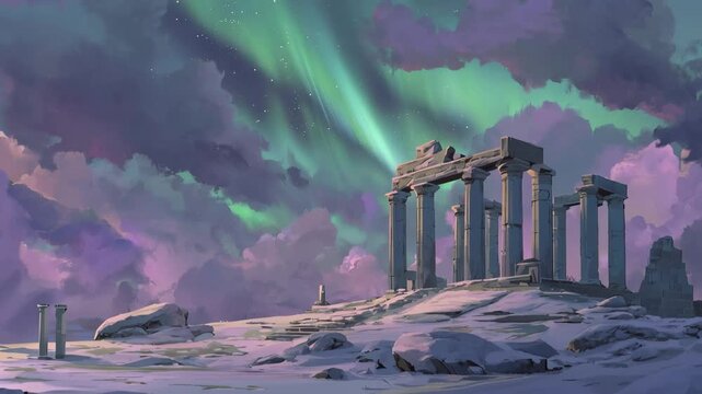 Northern lights shine over ancient ruins on a snowy landscape during nightfall
