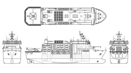 Obraz premium Hospital ship technical drawing blueprint with front side back and top views CAD line art vector illustration