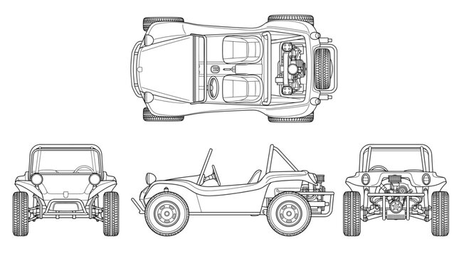 Dune buggy car technical drawing blueprint with front side back and top views CAD line art vector illustration