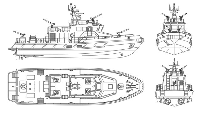 Fireboat technical drawing blueprint with front side back and top views CAD line art vector illustration