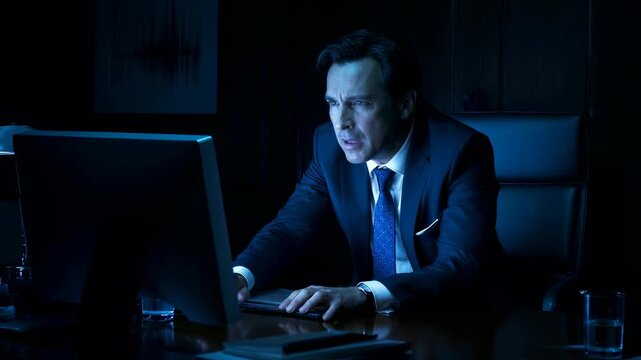 Terrified businessman in a suit recoils while working at a computer in a dark office at night, his hands trembling with fear or stress while viewing shocking content on his monitor screen.