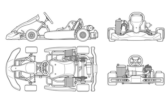 go kart car technical drawing blueprint with front side back and top views CAD line art vector illustration