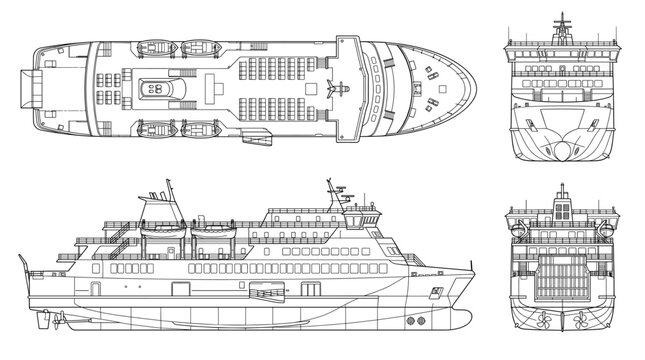 Ferry boat technical drawing blueprint with front side back and top views CAD line art vector illustration