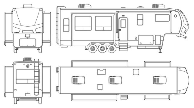 Fifth wheel trailer technical drawing blueprint with front side back and top views CAD line art vector illustration