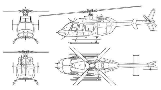 Helicopter technical drawing blueprint with front side back and top views CAD line art vector illustration