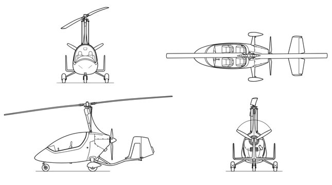 Gyrocopter technical drawing blueprint with front side back and top views CAD line art vector illustration