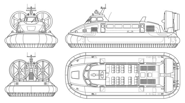 Passenger hovercraft technical drawing blueprint with front side back and top views CAD line art vector illustration