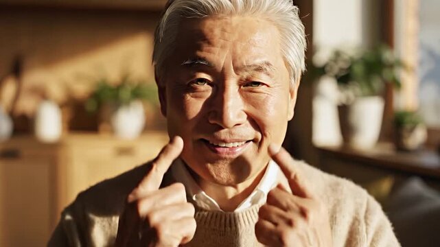 Smiling mature Asian man pointing at face in golden light