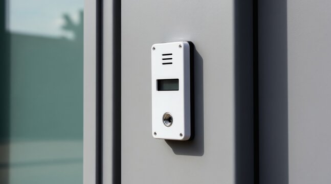 White card reader mounted on gray wall near glass door. Modern entry system for building access and security. Electronic device for business entry points.