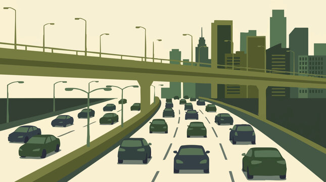 Flat design illustration of urban highway traffic with city buildings