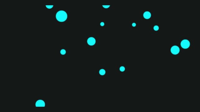 Abstract motion background with floating cyan circles decreasing in density over time on black backdrop.