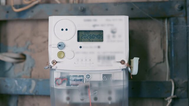 Digital Electric Meter with LCD Display Mounted in Old Switchboard | Electricity Consumption Measurement and Home Renovation Concept | Modern Counter Closeup