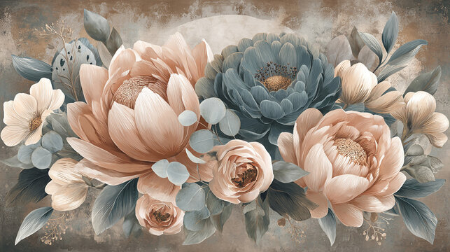 Bouquet of vintage-style peonies and roses with muted green leaves shabby chic flower arran