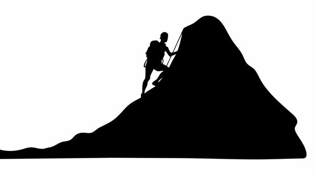 A silhouette of a determined mountain climber ascending a steep rugged peak with a hiking pole at sunset
