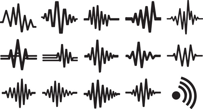 Sound wave patterns and audio signal icons set