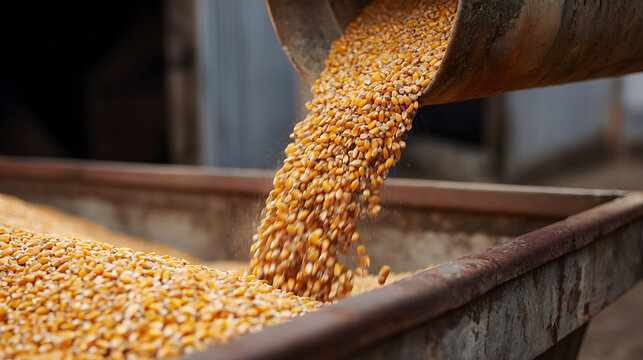 Golden grain cascade: close-up view of freshly harvested corn seeds pouring from a chute into a rustic metal hopper on a farm