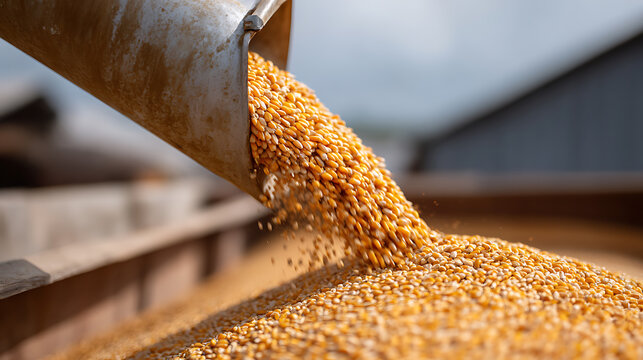Golden grain cascade from industrial chute, forming a growing pile of cereal seeds, representing harvest, agriculture, and food production