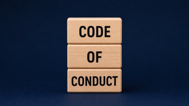 Wooden blocks with the words code of conduct on a dark blue background