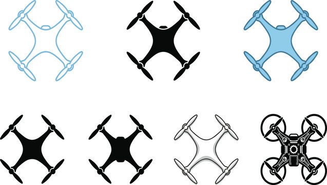 Drone quadcopter silhouettes and line icons set isolated modern aerial technology vector illustration collection