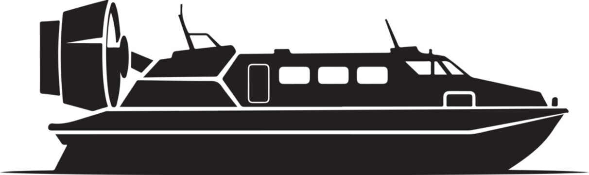 Black hovercraft, vector boat, air cushion vehicle, transportation icon