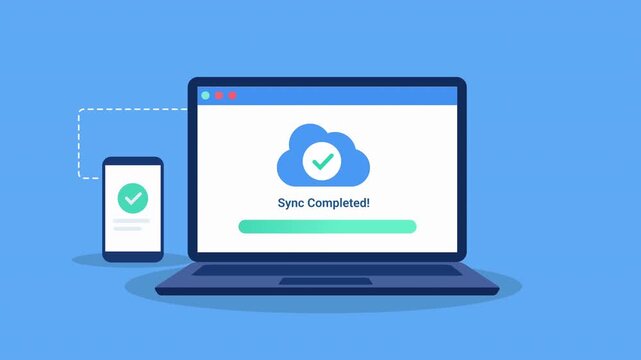 Animated illustration of a laptop and smartphone displaying completed system update with secure verification symbol, ideal for technology and cybersecurity concepts.