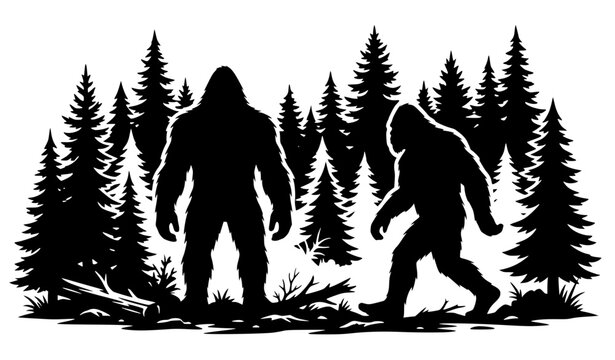 Bigfoot sasquatch silhouette vector cryptid forest creature set