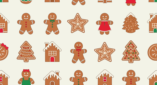 Gingerbread House and Cookie Pattern: Christmas, Winter Holiday Food, Festive Seamless Background