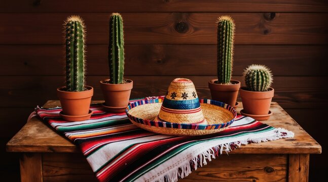 Mexican sombero hat and cacti sit on table with striped blanket. Wooden background suggests fiesta celebration or holiday event. Cinco de Mayo party theme.